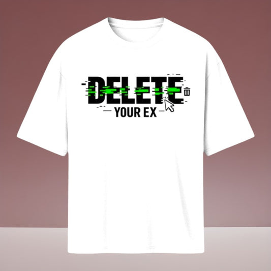 Gooxit white 100% cotton oversized tee with glitch-style "DELETE YOUR EX" graphic and cursor icon.